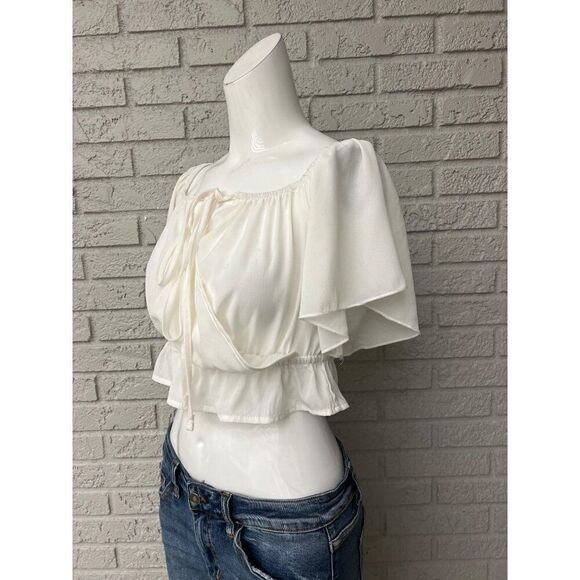 Shein Women White Flutter Sleeve Crop Top Size 6 - Picture 3 of 7
